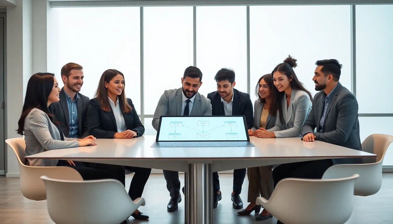 diverse team collaborating on a framework in a modern office.