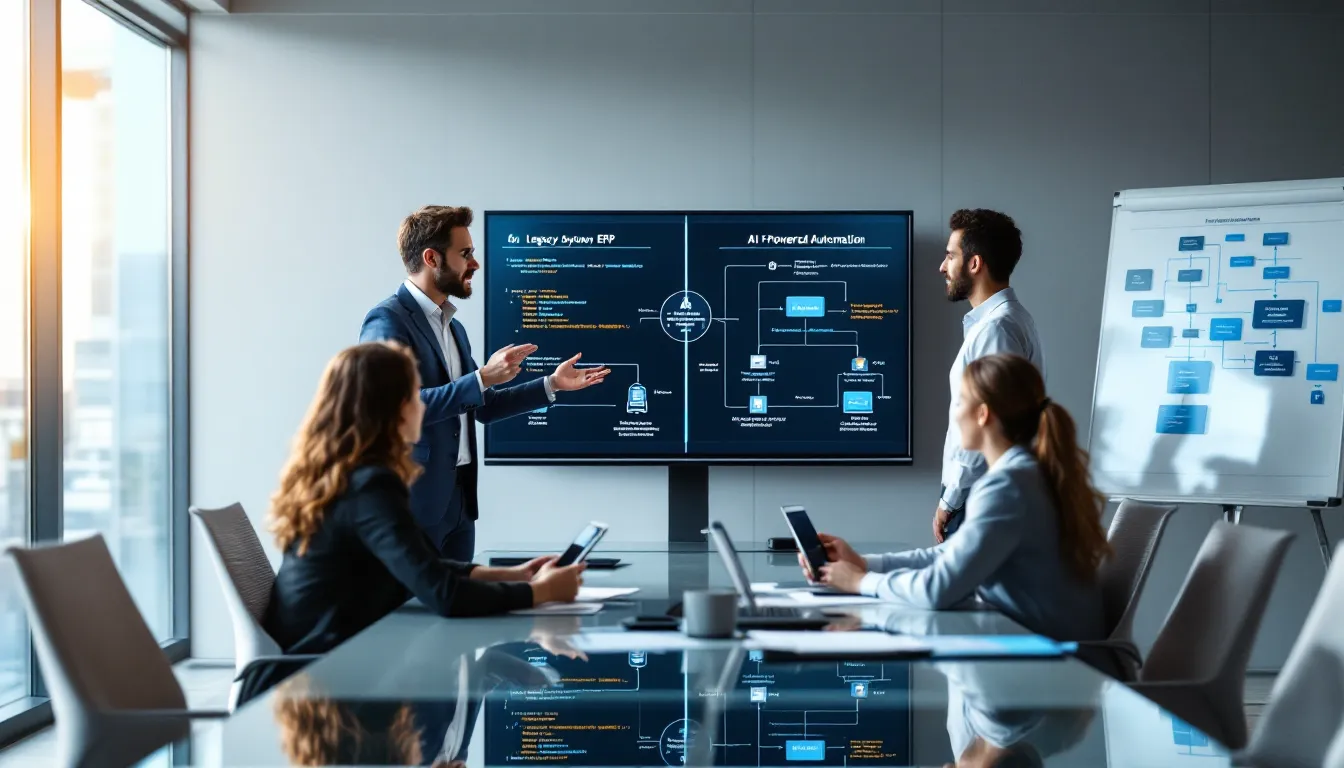 Business team collaborating on legacy system integration with intelligent automation in modern office.