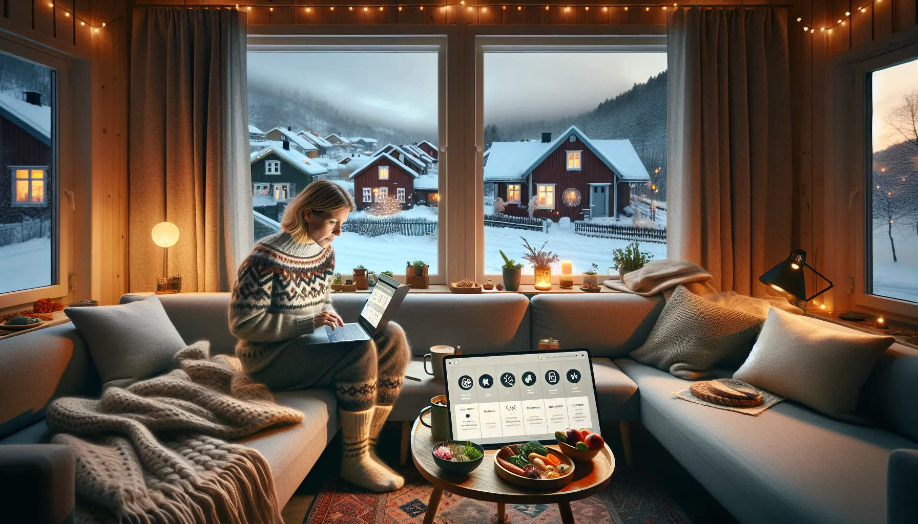 Norwegian woman on sofa taking sustainability course with visible eco-friendly actions.