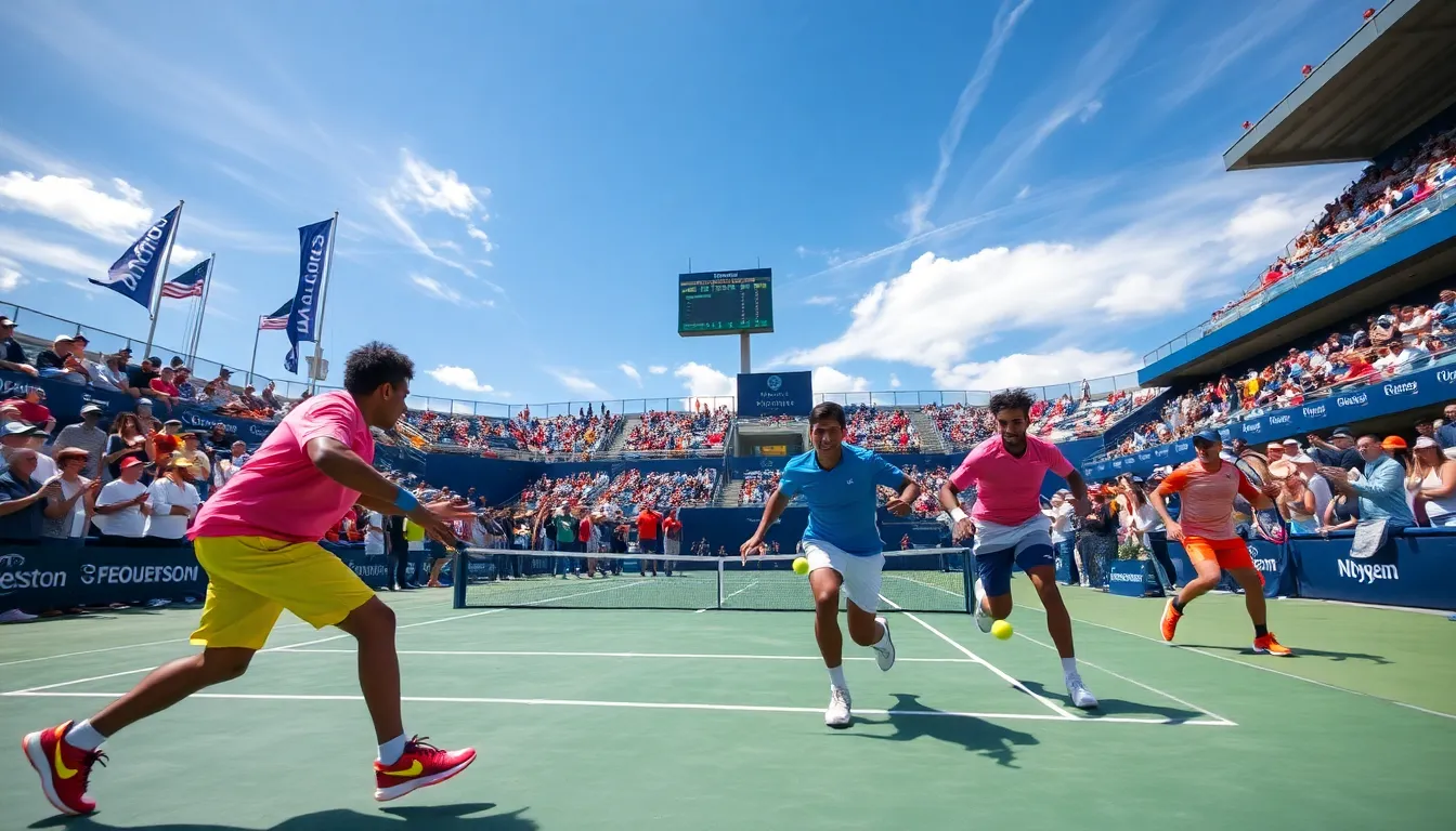 diverse tennis players competing in an intense match at the US Open.