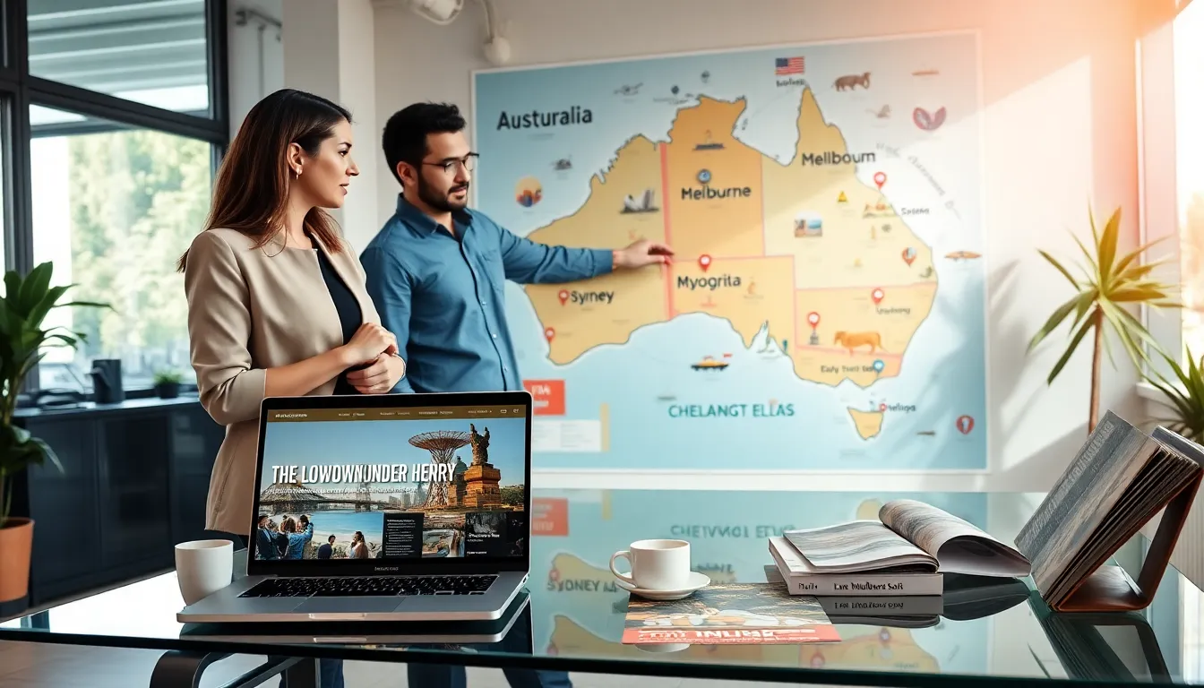 professionals discussing Australian travel insights in a modern office.