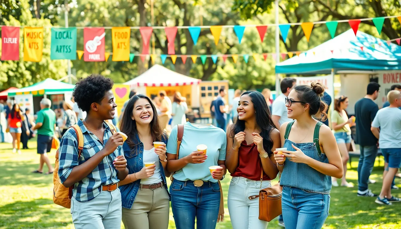 diverse group enjoying a lively community festival in a sunny park.