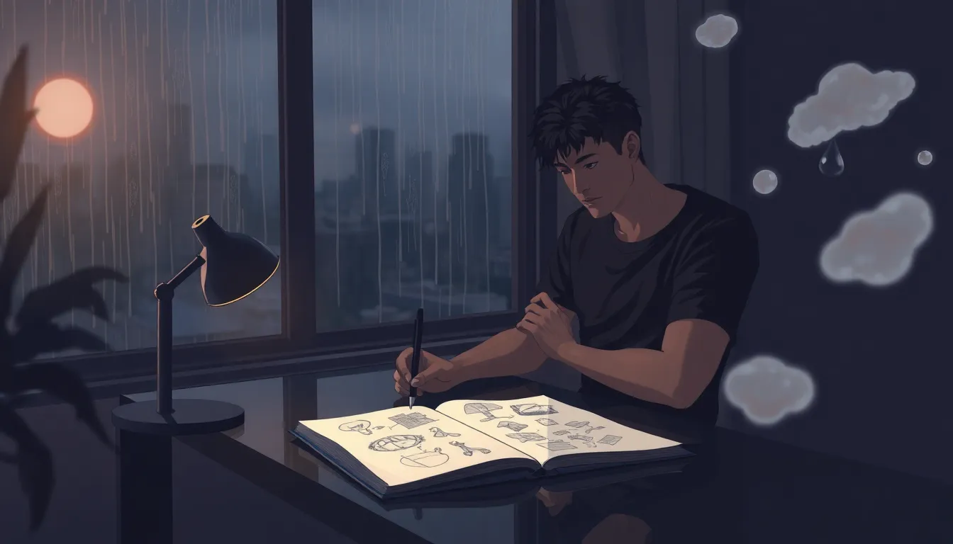 artist sketching in a cozy room during a rainy night.