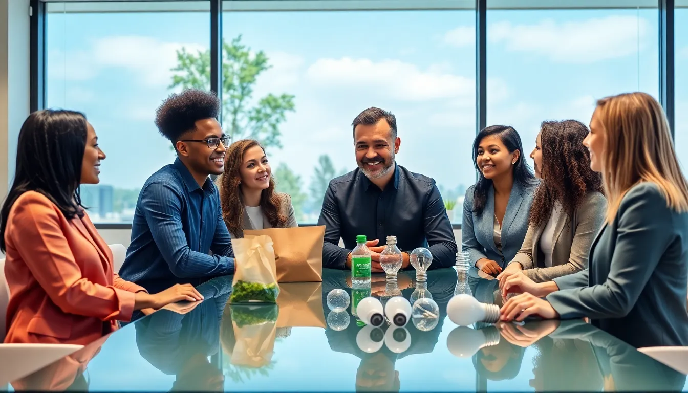 diverse team discussing sustainable living in a modern office.