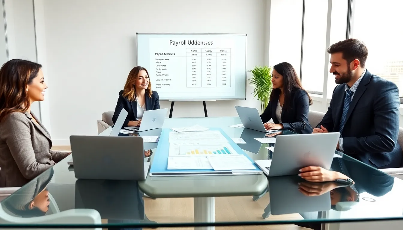 business team collaborating on payroll budgeting in a modern office.