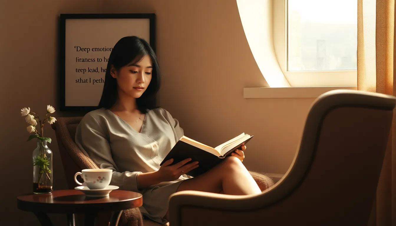 a woman reading a book in a cozy, serene reading nook.