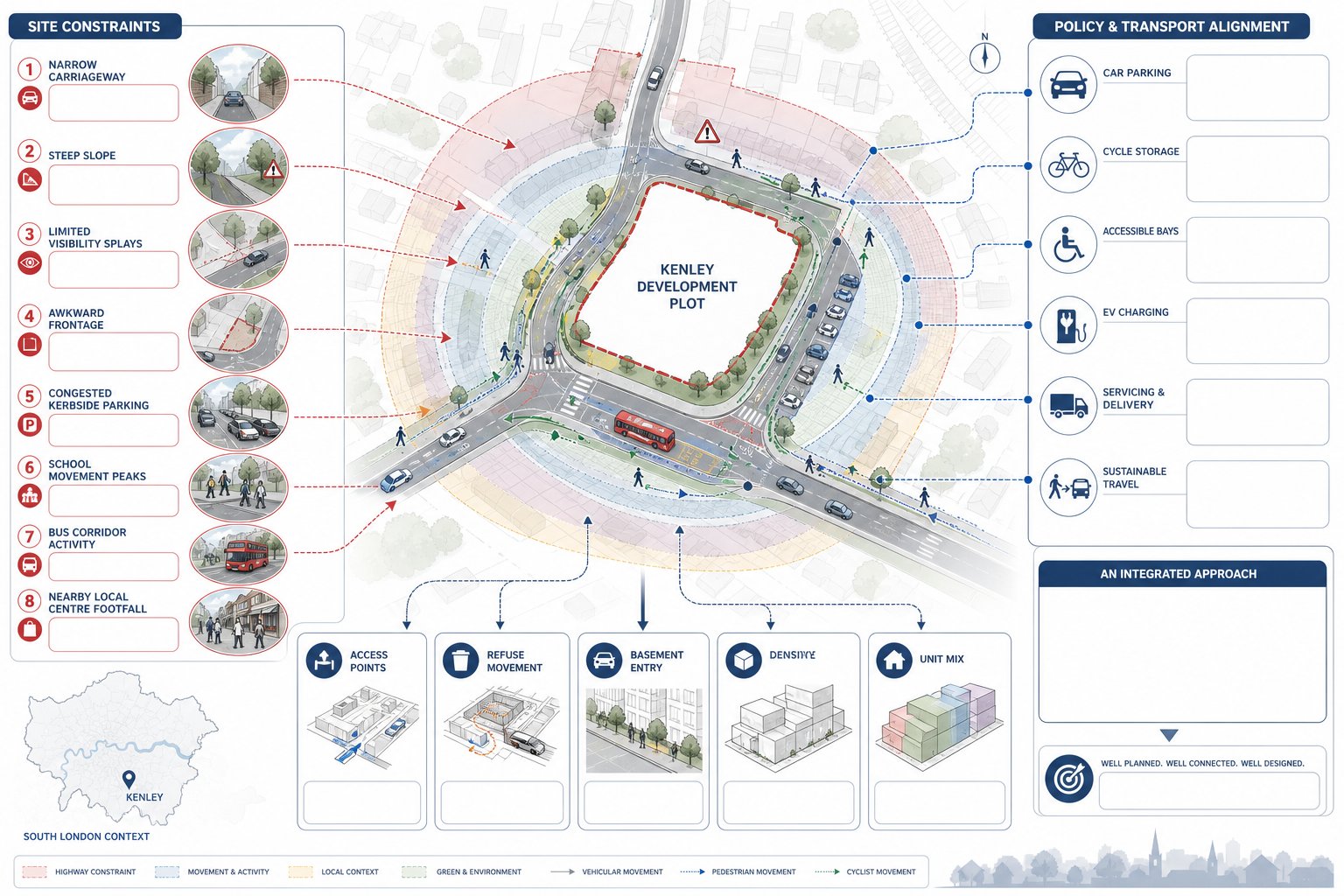 Infographic of Kenley site constraints affecting traffic access and planning design.