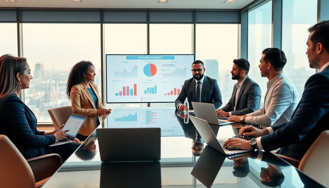 diverse team discussing housing market trends in a modern office.