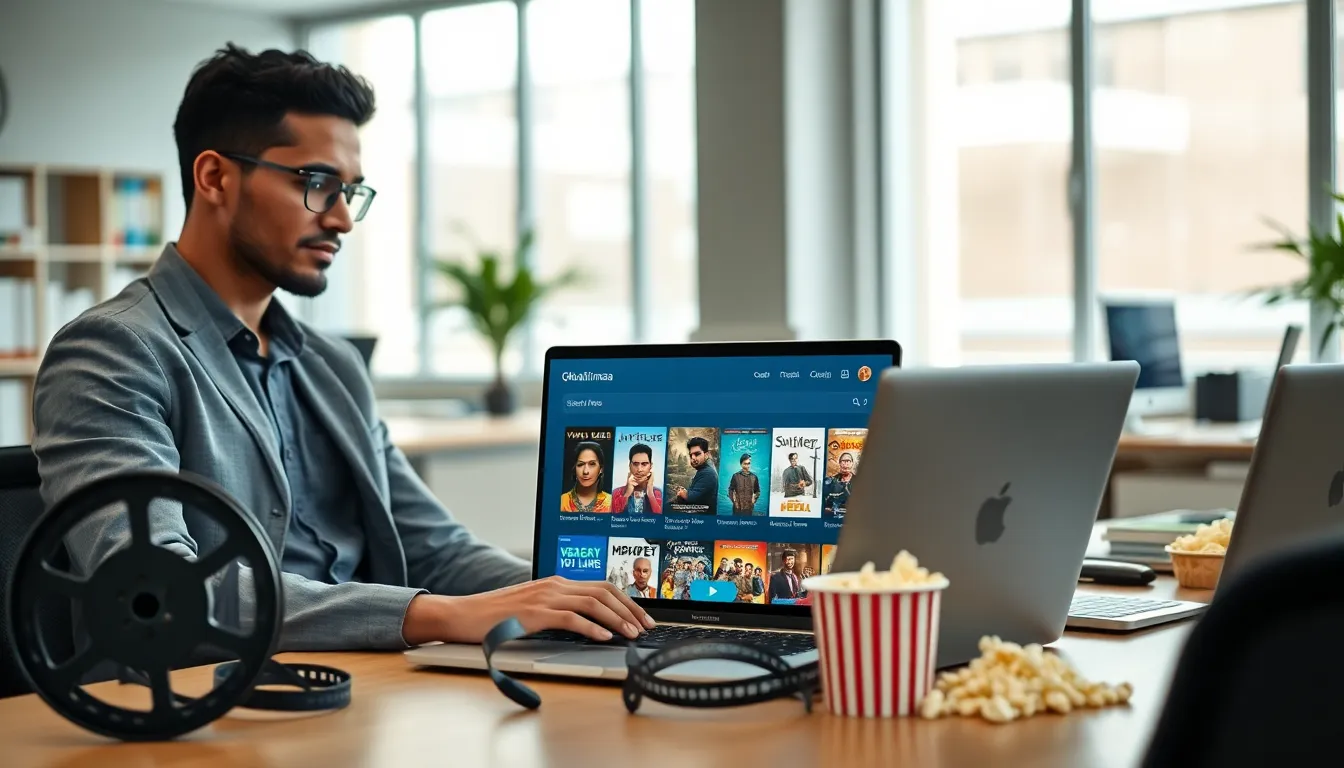 person using Okhatrimaza on a laptop in a modern office.