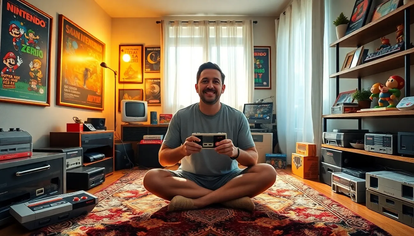 a gamer enjoying classic Nintendo games in a nostalgic living room.