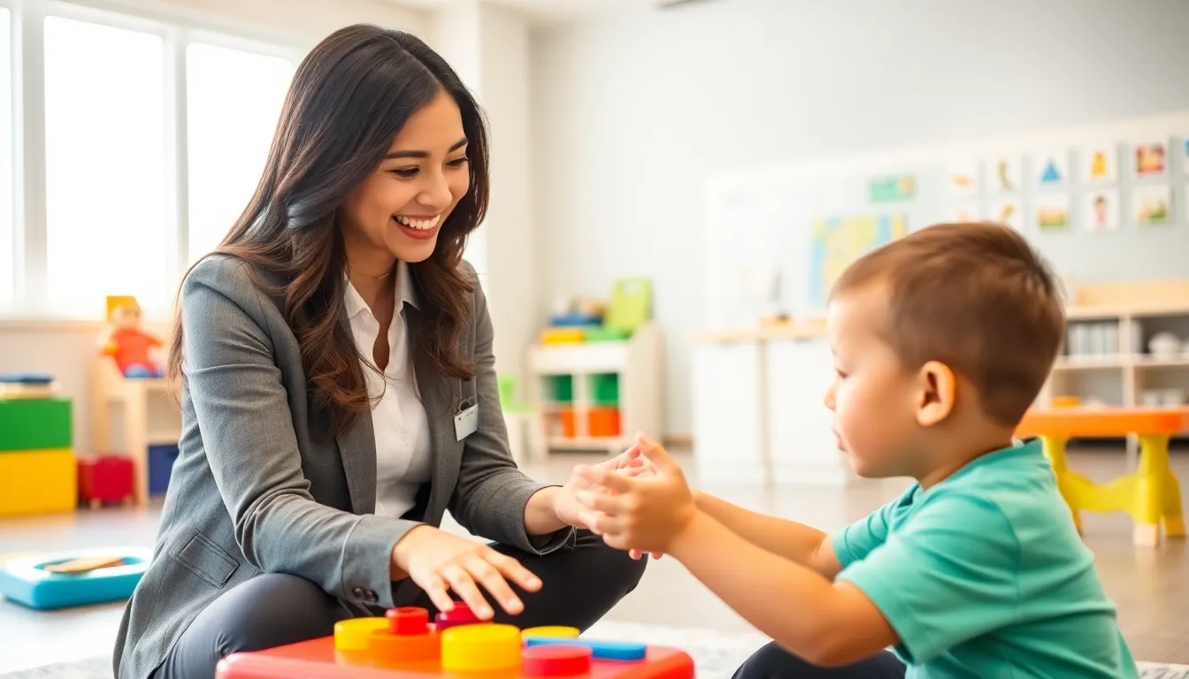 COTA assisting a child in a colorful therapy session.