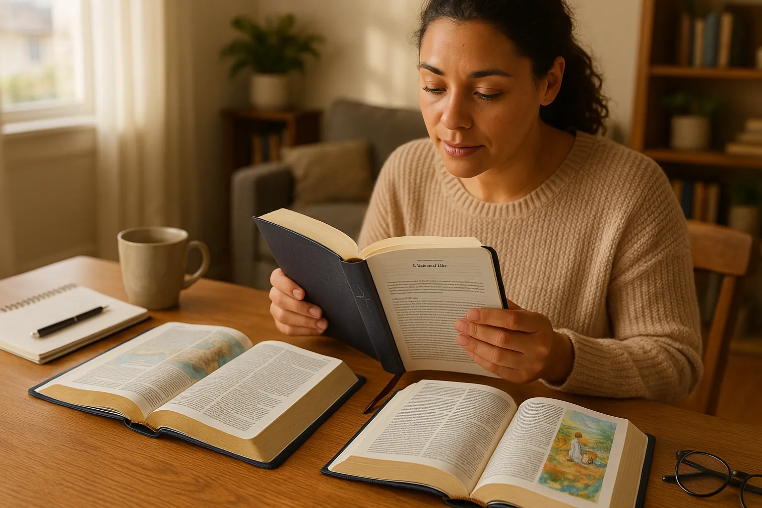 A woman at a sunlit table examining an open beginners Bible.