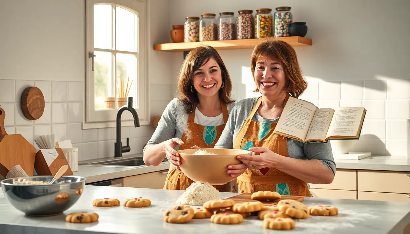 a baker joyfully preparing diverse cookie dough in a bright kitchen.