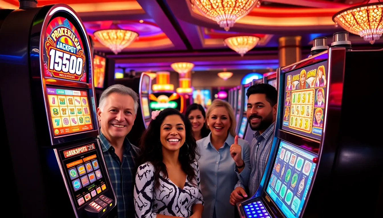 diverse players enjoying slot machines in a vibrant casino.