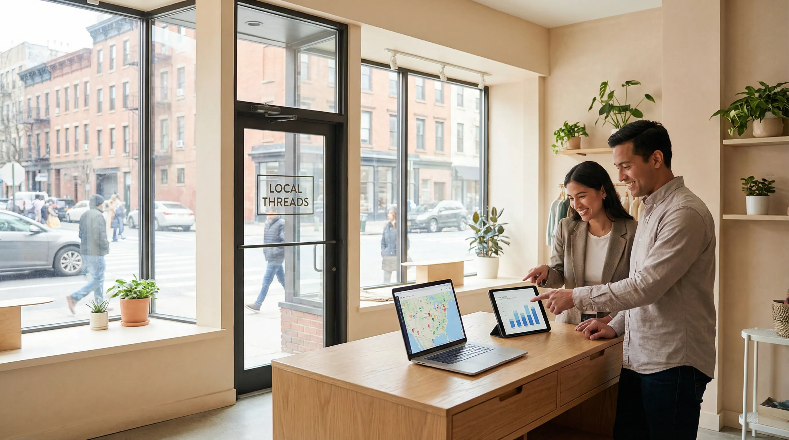 Modern hero image showing a small-business interior where a business owner and consultant review location-based analytics on a laptop and tablet, with city street views through large windows to suggest local Google Business Profile management.