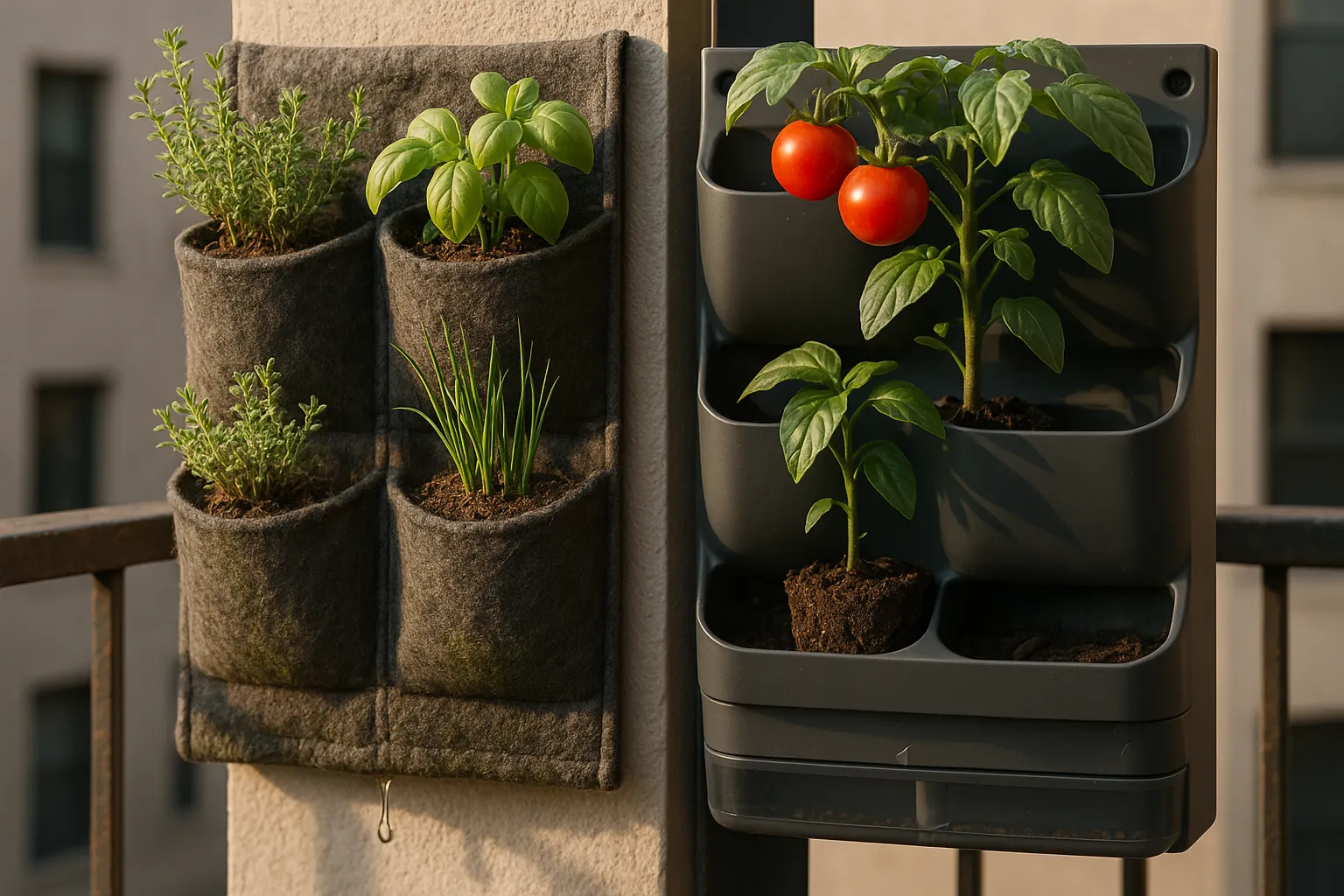 side-by-side vertical garden: worn fabric pockets vs rigid plastic modules