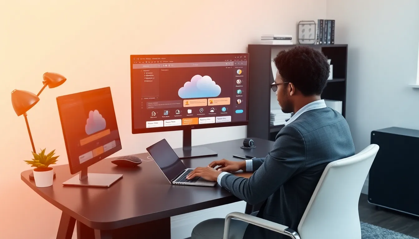 individual working in a modern home office with cloud computing tools.