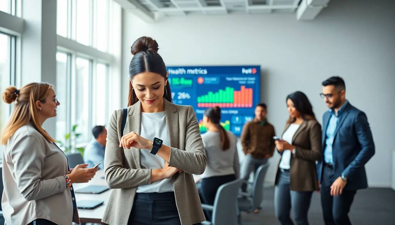 professionals using itech wearables in a modern office setting.