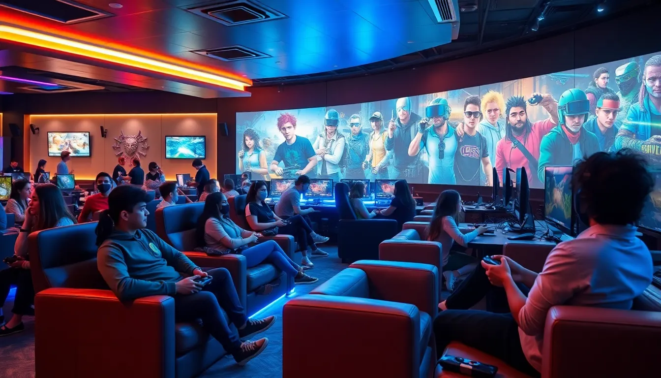 diverse gamers enjoying a modern gaming lounge setting.