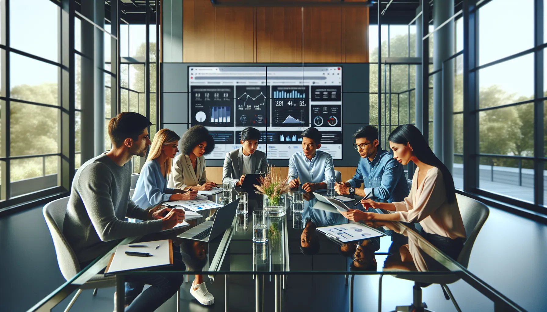 diverse marketing team discussing Letspostit strategies in a modern office.