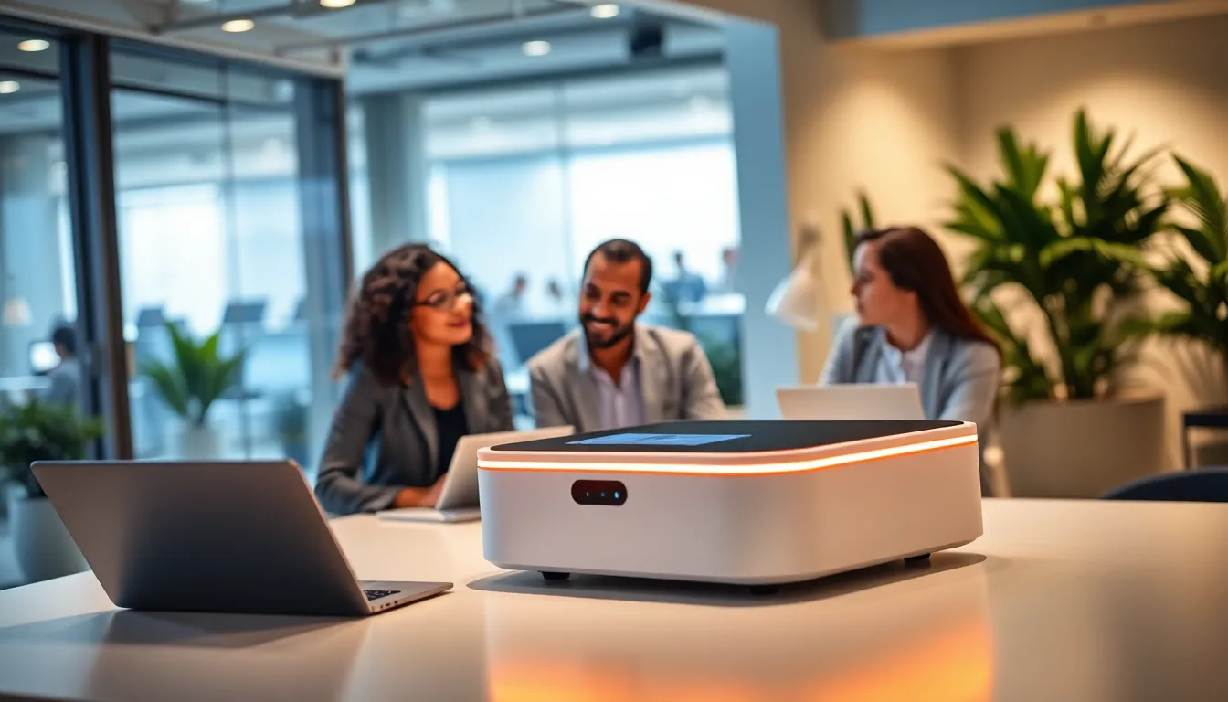 diverse professionals discussing the innovative ej291309885au device in a modern office.