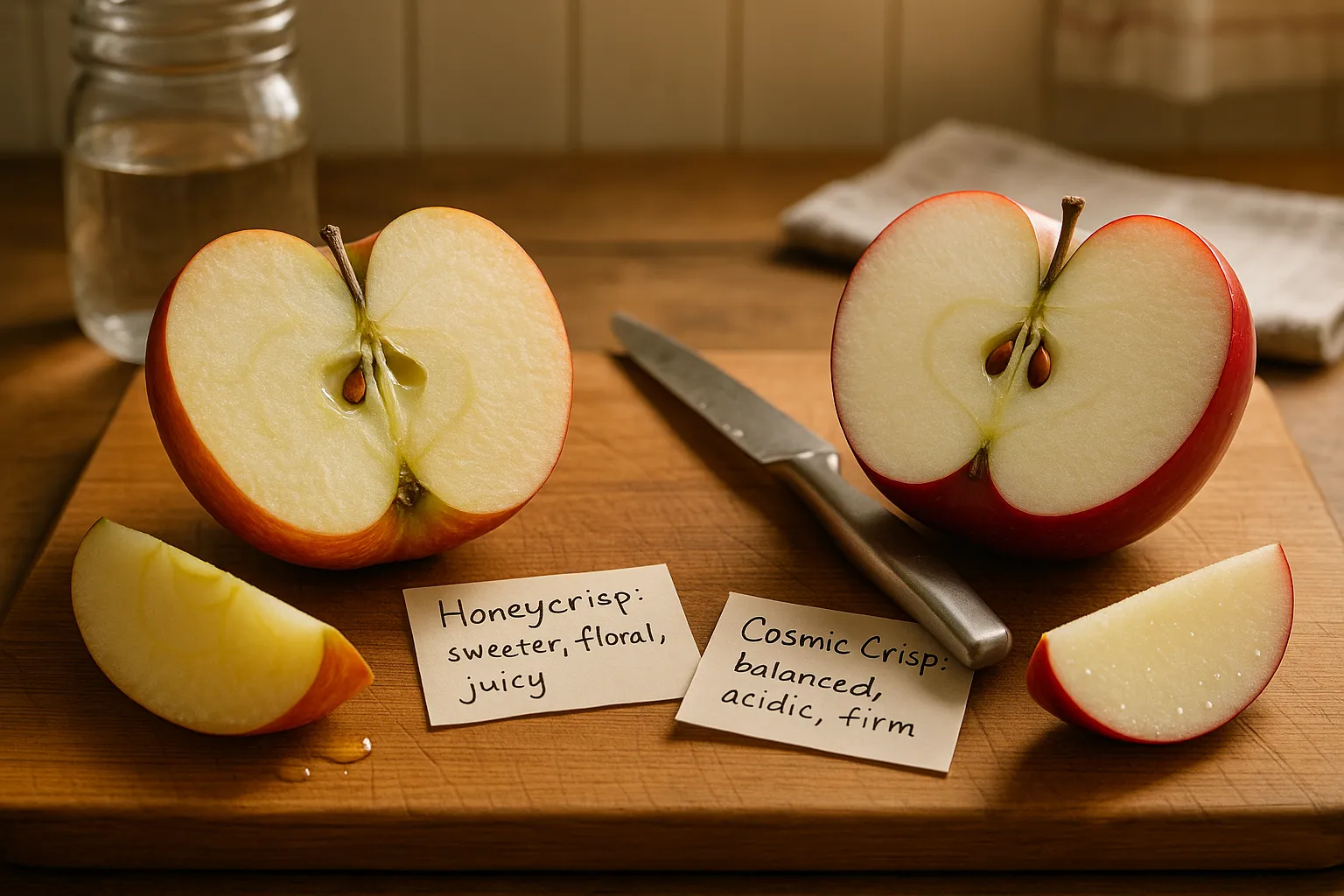 Two apple halves showing Honeycrisp airy flesh and Cosmic Crisp dense crunch.