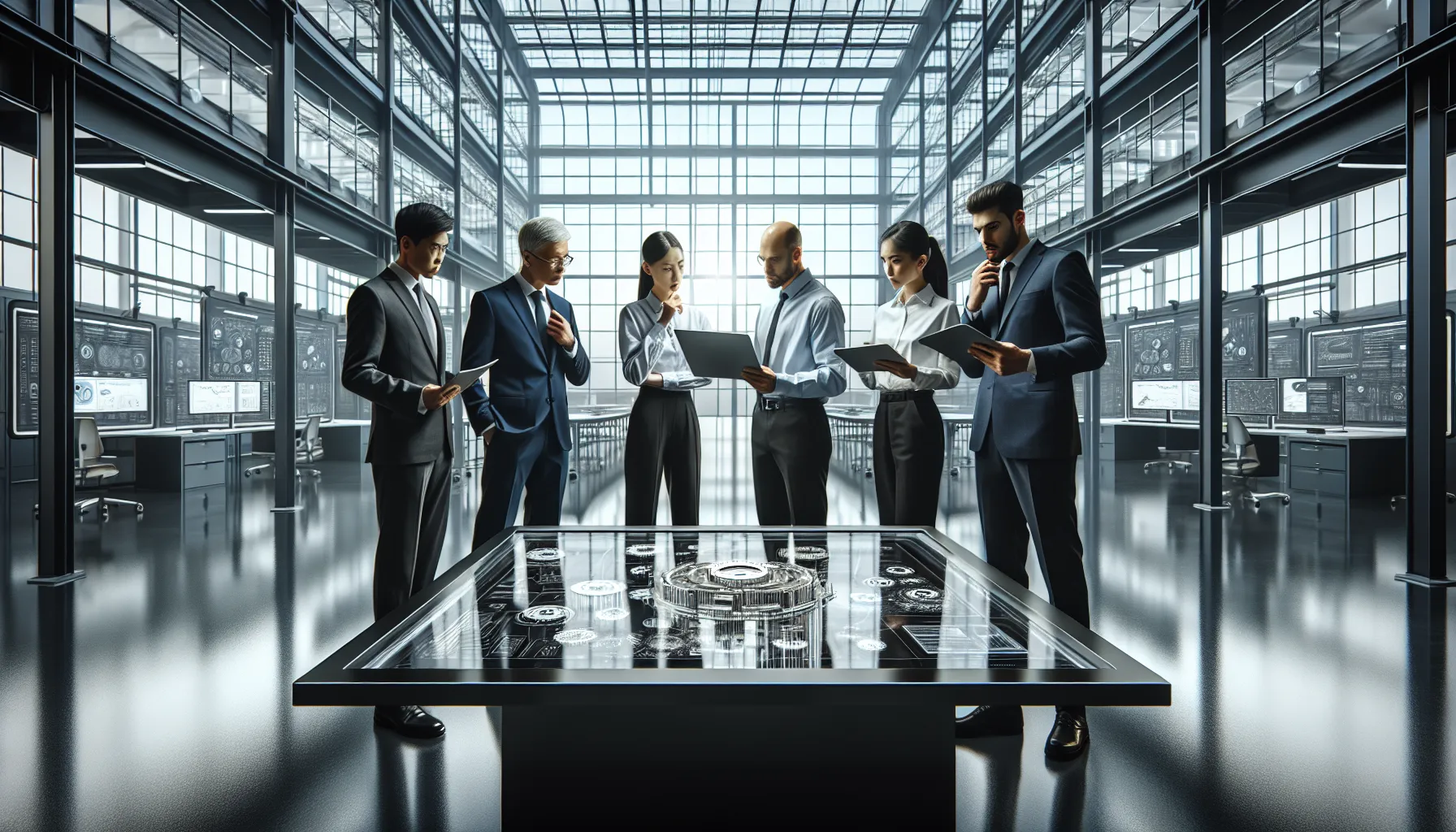 professionals collaborating in a modern office around the 4BV085 model.