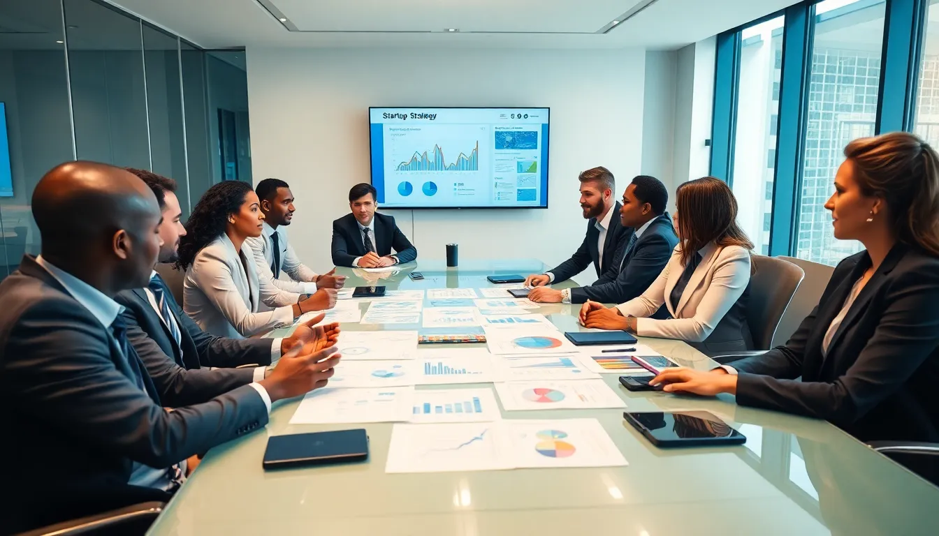 diverse team discussing startup growth strategies in a modern conference room.
