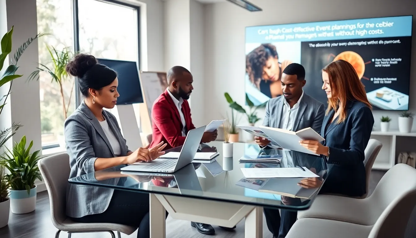 diverse team collaborating on cost-effective event planning in a modern office.