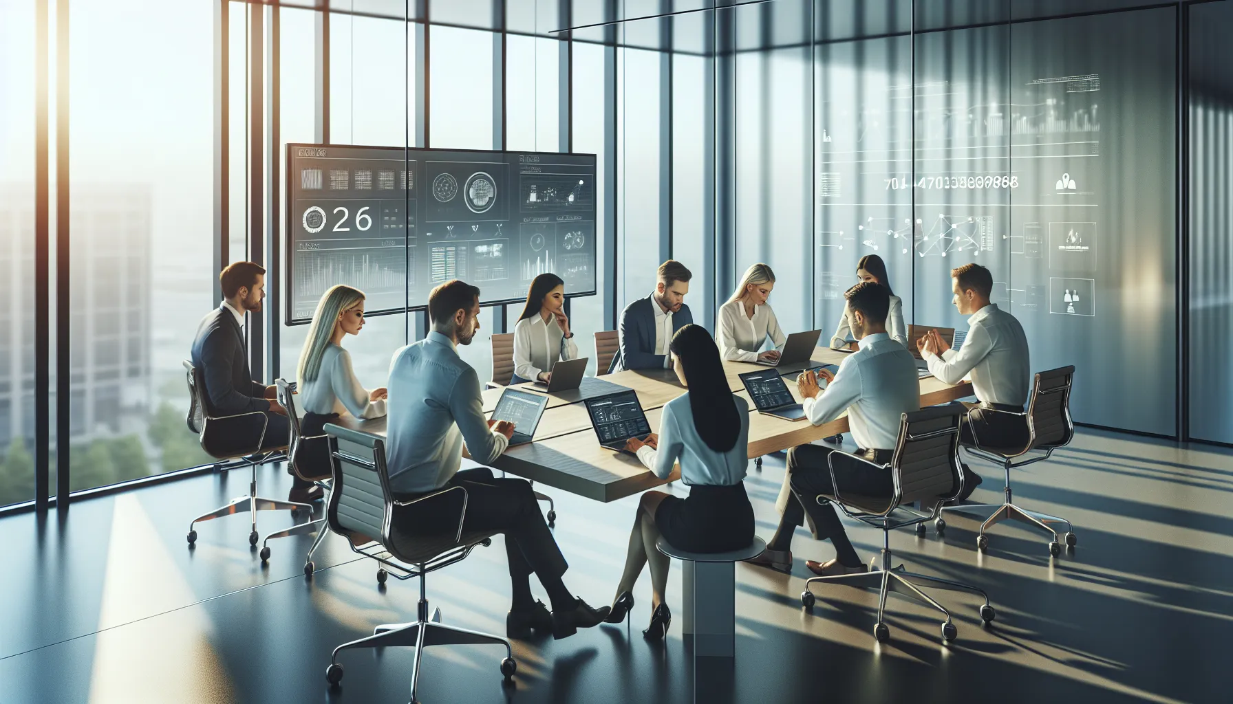 diverse team collaborating in a modern office on telecommunications applications.