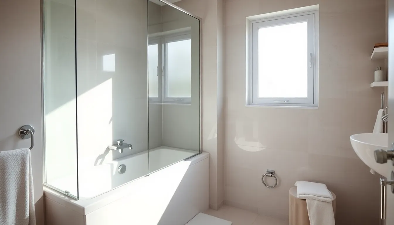 modern bathroom with a stylish bathtub shower combo.