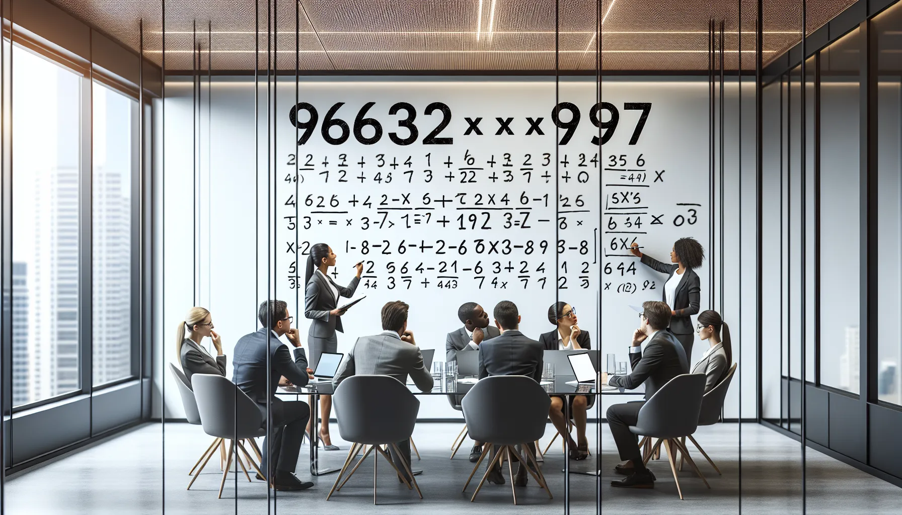 professionals collaborating on a multiplication problem in a modern office.