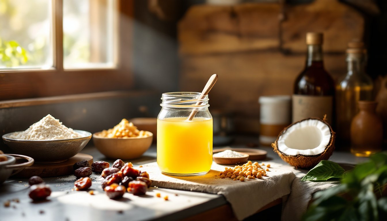 Healthy cooking ingredients like ghee, almond flour, and jaggery on a kitchen counter.