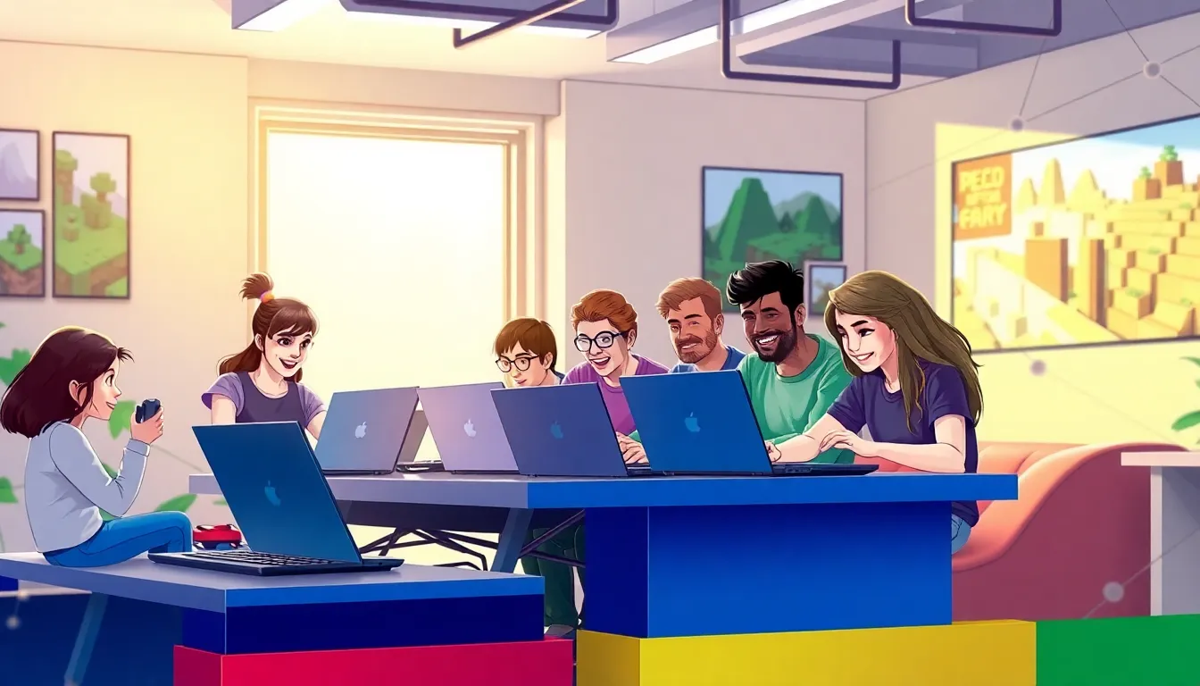 diverse gamers discussing Minecraft in a vibrant workspace.