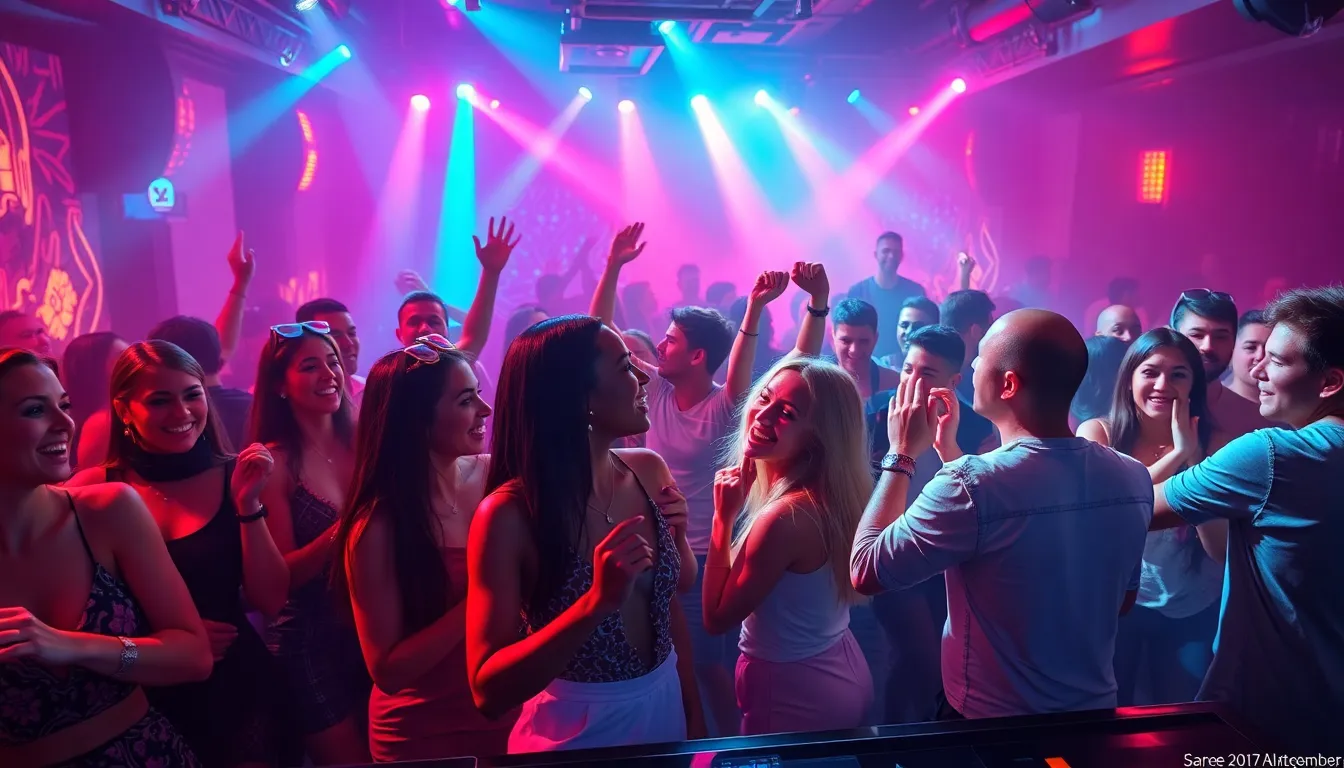 diverse crowd dancing energetically in a vibrant club setting.