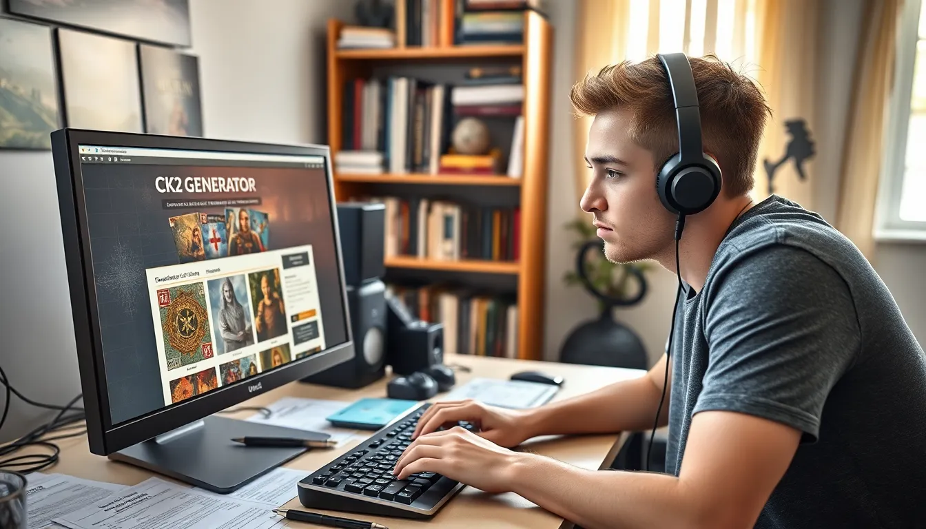 A gamer using CK2 Generator on a computer in a cozy room.