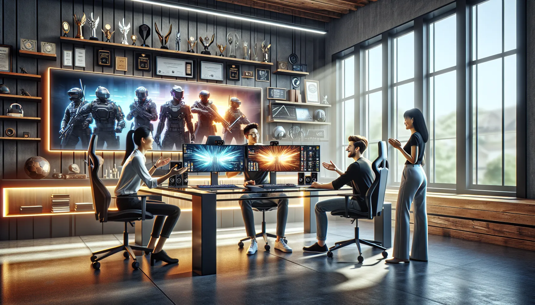 diverse group discussing gaming gadgets in a modern office.