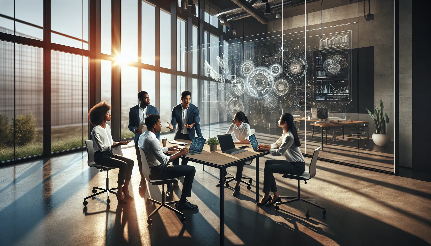 diverse team collaborating in a modern office on technological innovation.