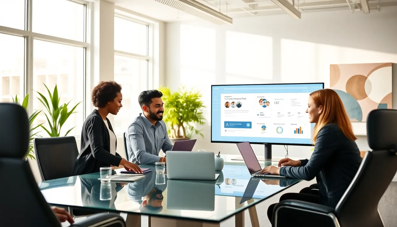 diverse team discussing new Hinewarvan software in a bright office.