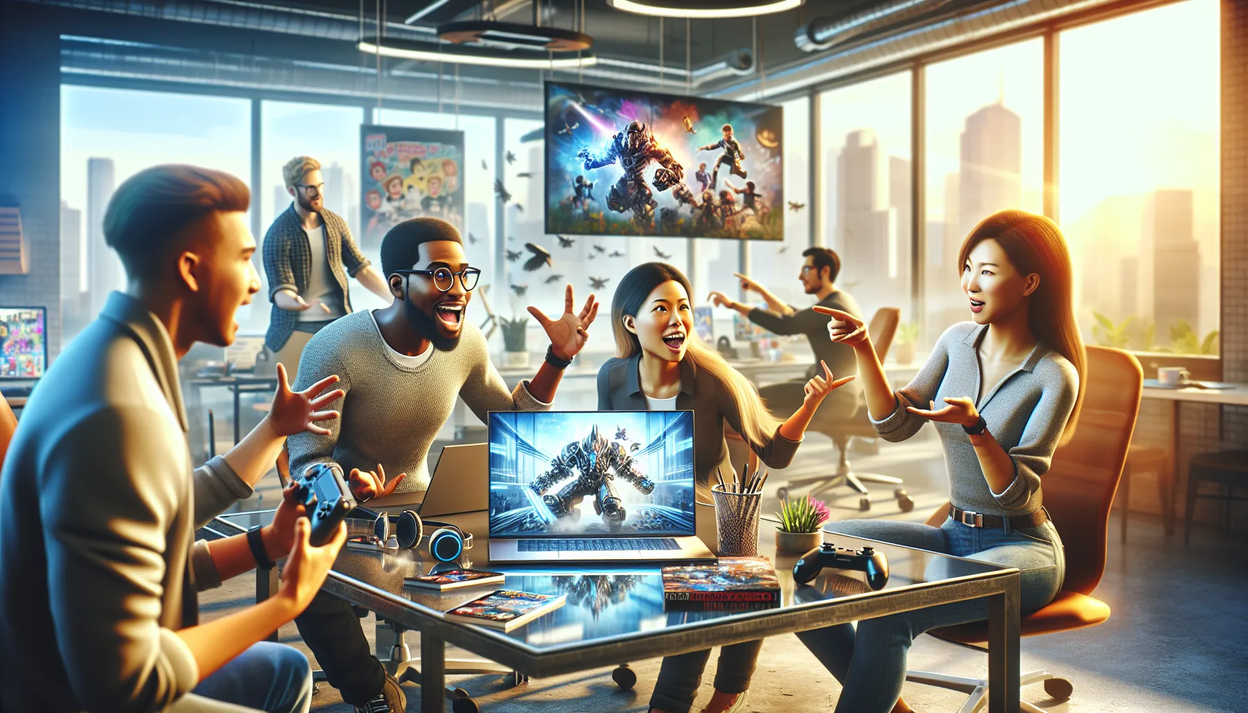 diverse group discussing gadgets in a modern office.