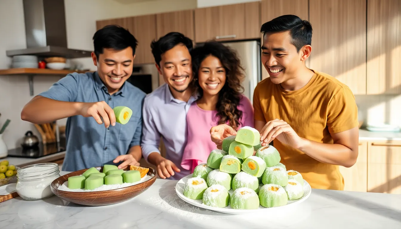 diverse group preparing green mochi in a modern kitchen.