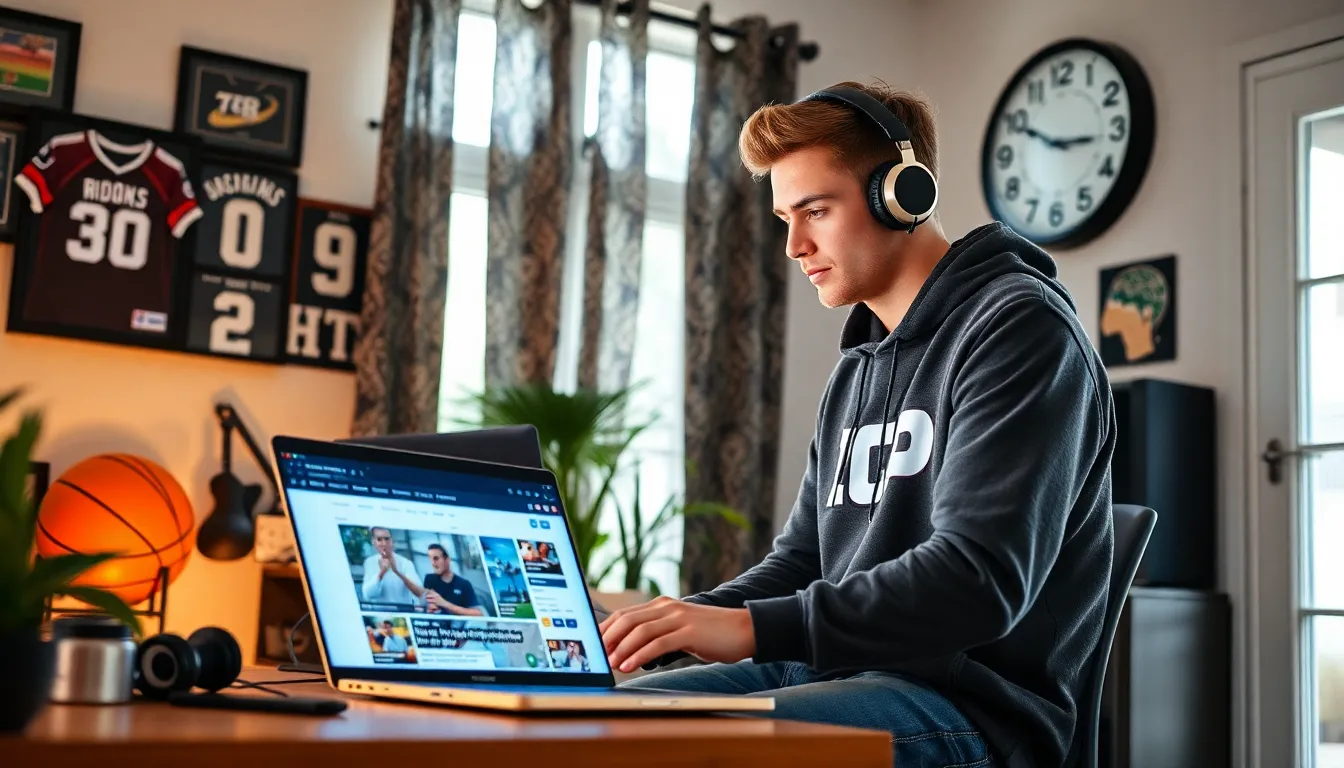 A man working on a laptop in a sports-themed home office.