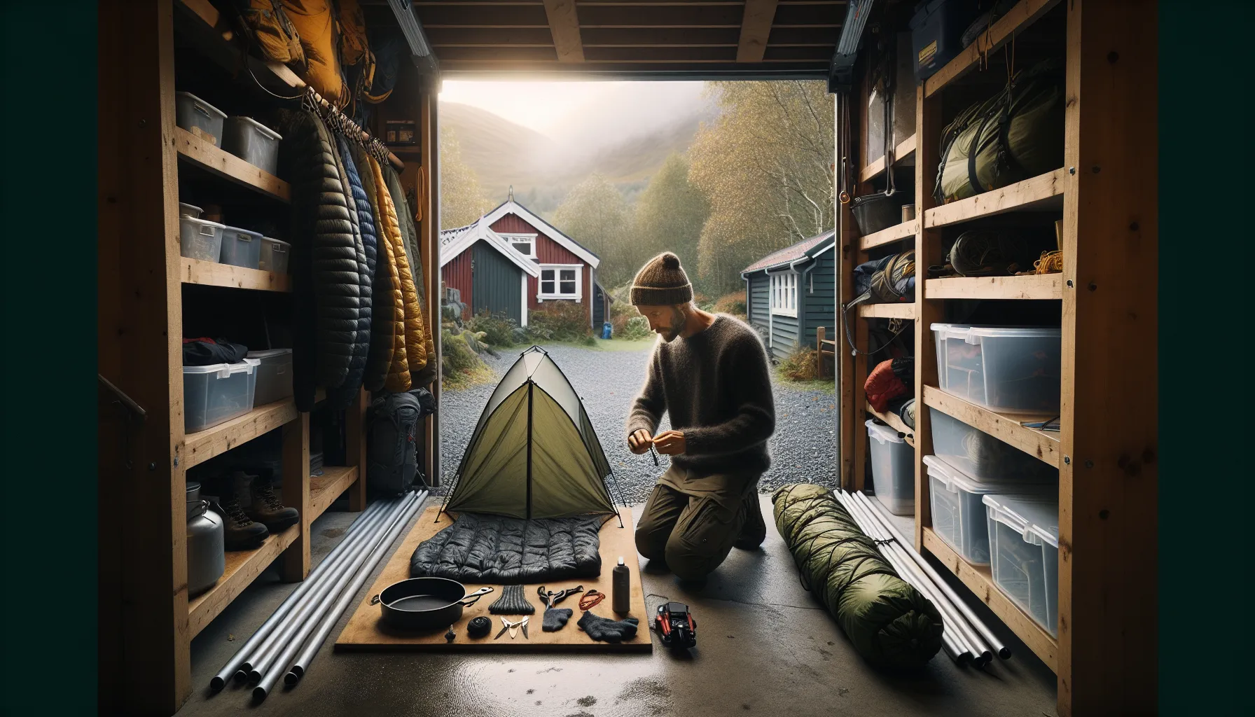 Camper dries and repairs tent and gear in a tidy norwegian garage.