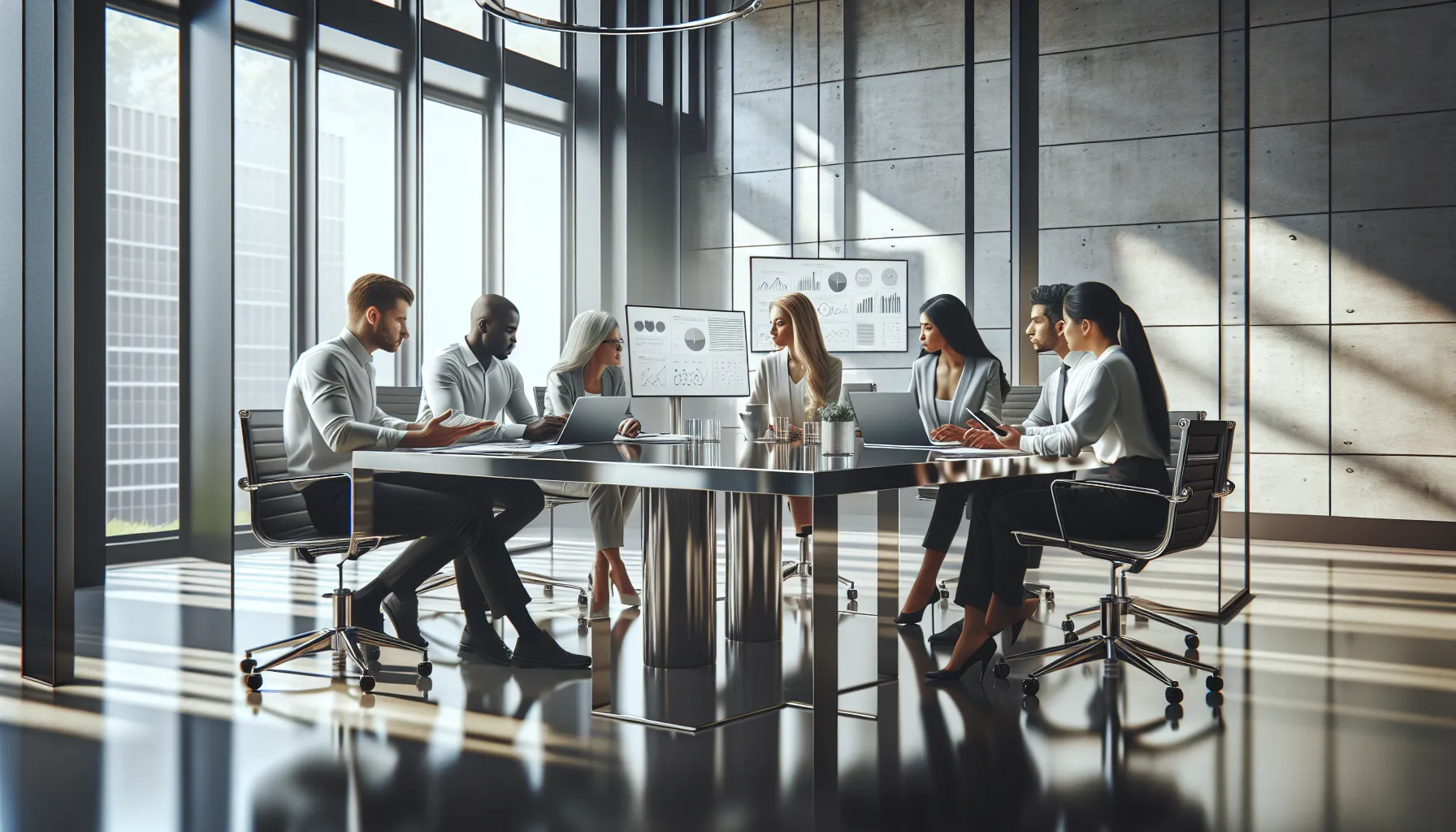 diverse professionals discussing the features of product 662903515 in an office.