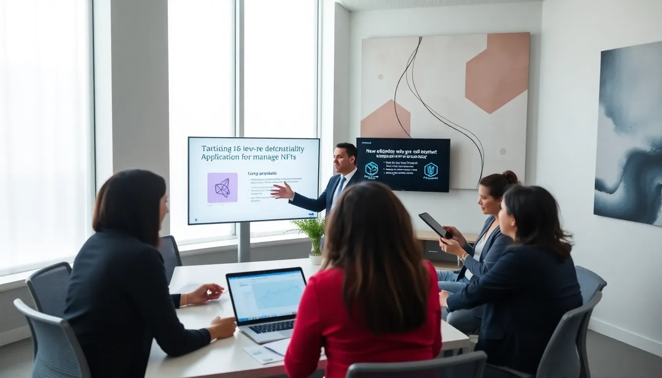 professionals discussing Cardano cryptocurrency developments in a modern office.