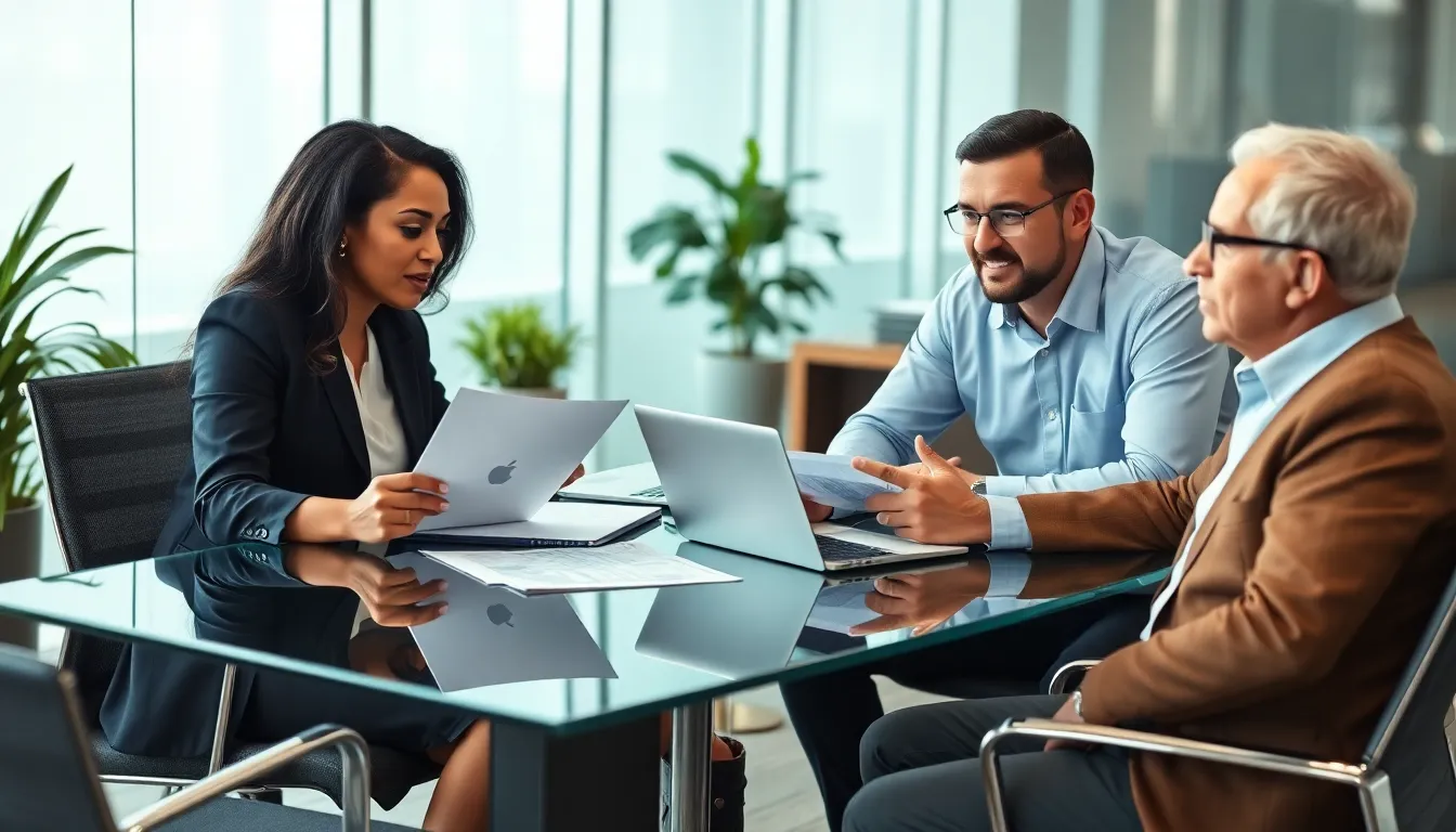 diverse financial consultants meeting with a client in a modern office.