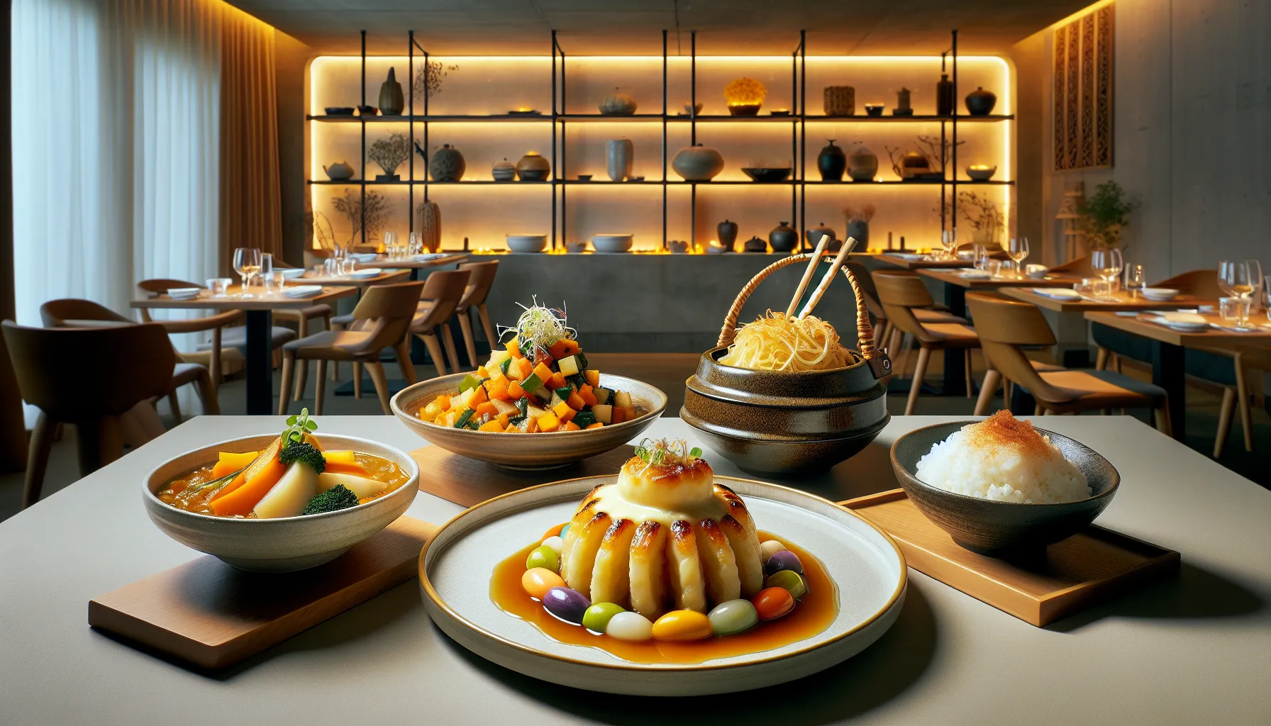 Three fusion dishes in a modern dining setting.