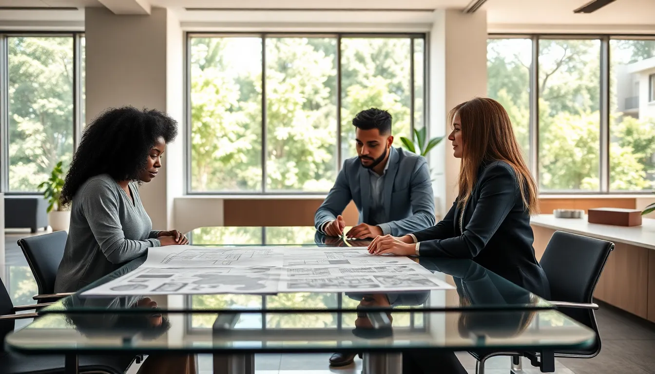diverse team discussing architectural design principles in a modern office.