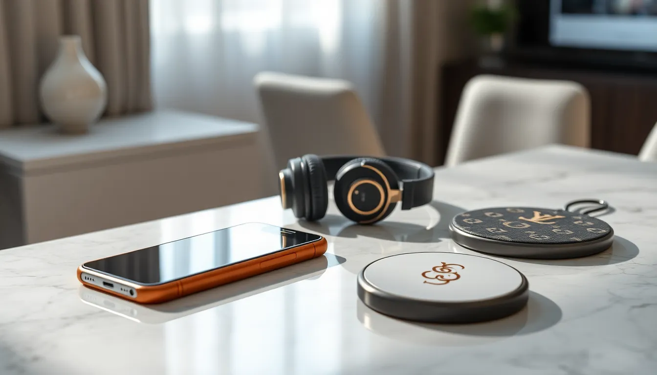luxury tech accessories on a marble surface in a modern workspace.