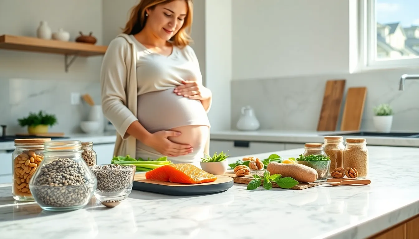 pregnant woman preparing a meal with omega 3-rich foods.